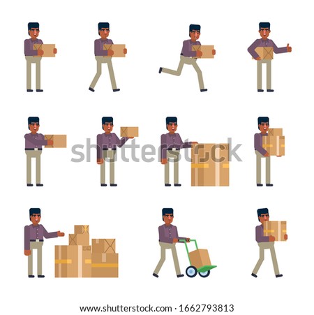 Black or indian man posing with parcel box. Delivery service courier holding parcel box, running, walking and showing other actions. Flat design vector illustration