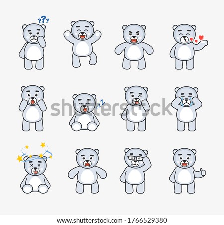 Set of cute polar bear mascots showing various emotions. Chibi white bear thinking, jumping, angry, sleeping, shocked and showing other expressions. Vector illustration bundle