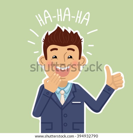 Illustration of a laughing businessman. Cheerful businessman laughing at a funny joke and showing thumb up gesture. Emoticon, emoji, positive emotion. Flat style vector illustration