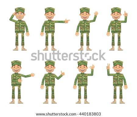 Set of military man characters showing different hand gestures. Cheerful soldier in camouflage showing thumb up gesture, salute, greeting, waving, pointing up. Flat style vector illustration