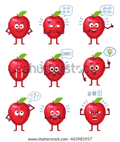 Set of cartoon apple characters showing different actions, gestures, emotions. Cheerful red apple laughing, surprised, crying, thinking, pointing, in love, angry. Simple vector illustration