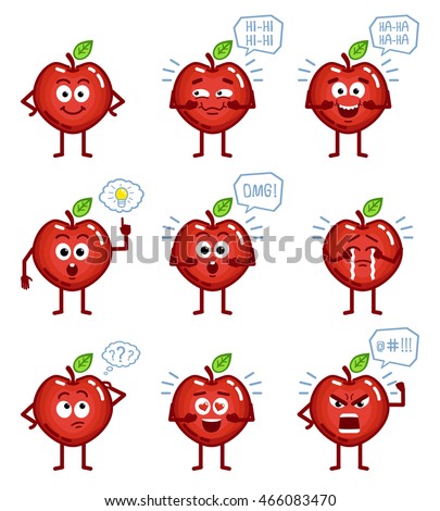 Set of cartoon red apple characters showing different emotions, actions, gestures. Red apple laughing, pointing, crying, thinking, angry, surprised and doing other actions. Simple vector illustration