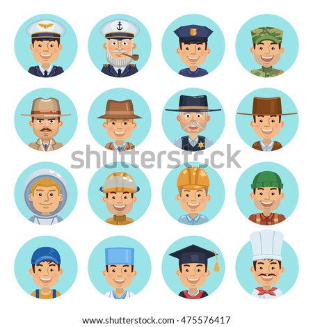 Big set of avatars. Different occupations, emoticons, emoji. Policeman, doctor, detective, astronaut, firefighter, worker, auto mechanic, pilot and other occupations. Flat style vector illustration