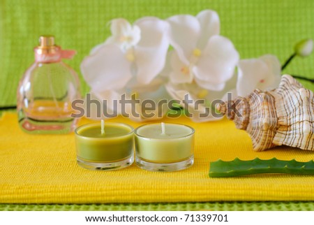 essential  aloe, candle, flower in health spa for spa treatment.