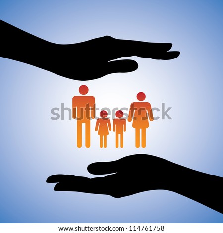Concept illustration of protecting family of four(parents and two children). The graphic includes silhouettes of female\'s hand along with figures of dad, mom, son and daughter