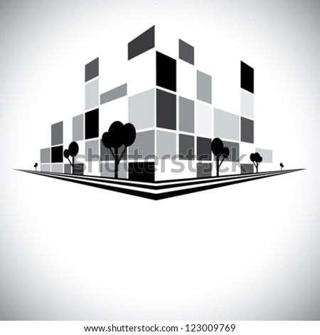 Buildings in b & w of city skyline with skyscrapers, trees tall towers and streets in shades of black, white and grey - vector logo template icon