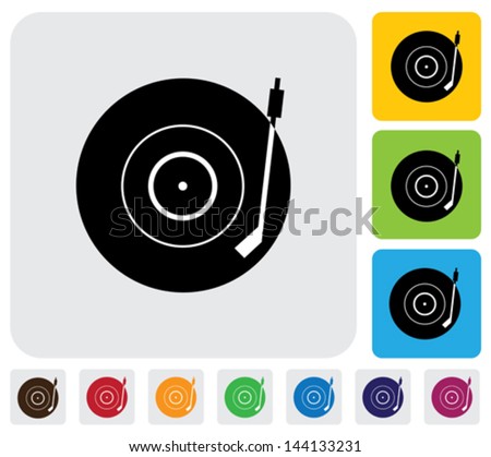 Old record player(turntable) symbol(icon)-minimalistic vector graphic. The illustration has a simple icon green,orange & blue backgrounds & is useful for websites,blogs,documents,printing,etc