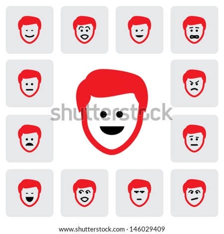 different emotions & feelings of young man\'s face- vector graphic. This illustration  represents feelings of sad, happy, depression, fear, worry, surprised, confident, doubtful, naughty, cheerful