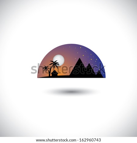 landscape of a village  at night with  house, trees & mountains. This concept vector graphic represents concepts like vacation destination, holiday places, travel locations, etc