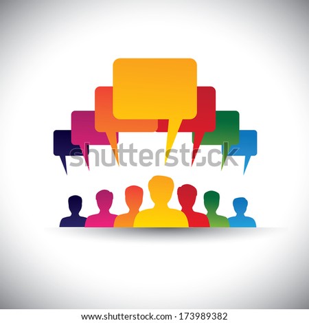 leader & leadership concept of motivating people - vector graphic. This graphic also represents social media communication, board meetings, student union, people's voice, company staff meetings, etc