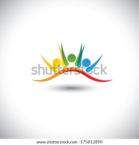 concept vector icon of happy friends together. This vector graphic also represents excited kids, motivated staff, inspired office people, happy children playing, friends partying frenzy