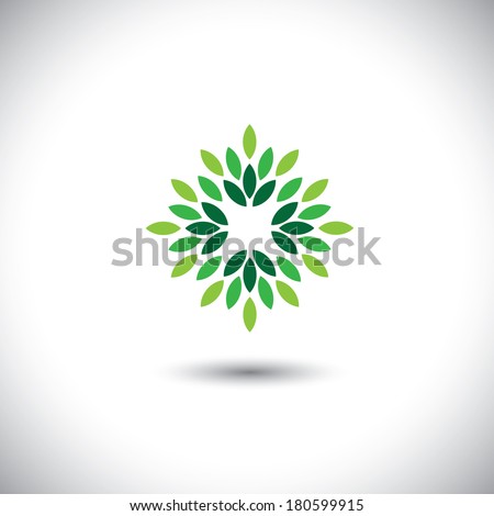 stylized vector green leaves icon arranged in pattern - eco concept vector. This graphic also represents ecological balance, evergreen forests, sustainable development, balance in nature