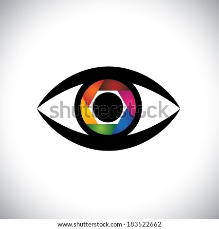 concept vector icon eyes as camera with colorful shutter. This graphic also represents artistic ability of the photographer, creativity, human technology, etc