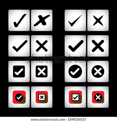 tick mark & cross sign vector icons set on black background. This graphic can also represent selection options of right, wrong, also valid, invalid, true false, correct, incorrect, yes, no