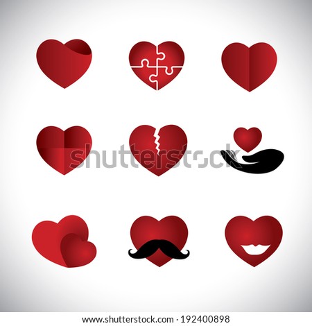 origami style heart icons collection set - concept vector graphic. This graphic illustration also represents love, passion, marriage, break-up, divorce, emotions, puzzle, care, support, happiness, etc