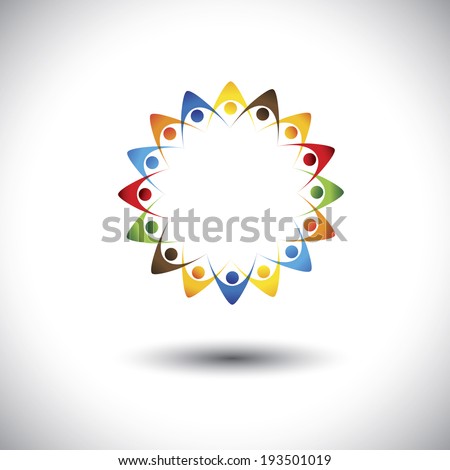 people forming star shape holding hands - concept vector graphic. This illustration also represents concepts like teamwork, team spirit, cooperation, alliance, bonding, engagement, interaction