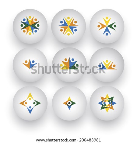 community, unity, happy people, children playing vector icons. This graphic also represents buttons with people together, employees & executives meeting, friends & friendship, kids at school