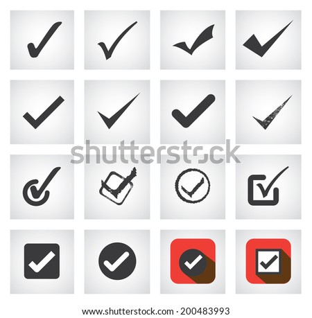 tick mark or right sign vector icons collection set. This graphic can also represent approval, right choice, correct selection, true option, positive answer, saying yes, acceptance, confirmation, etc 