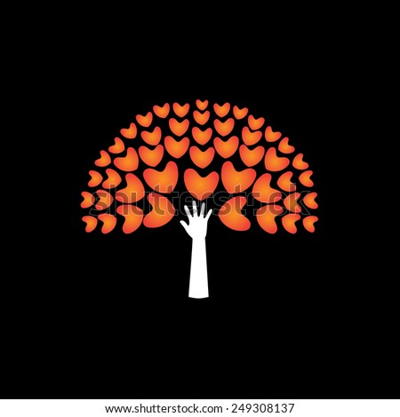 tree of love hearts and hand in support - concept vector icon. This graphic also represents harmony hope humaneness balance empathy expansion growth