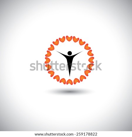 flower of love hearts with compassionate person in the center - concept vector icon. This graphic also represents harmony hope humaneness balance empathy