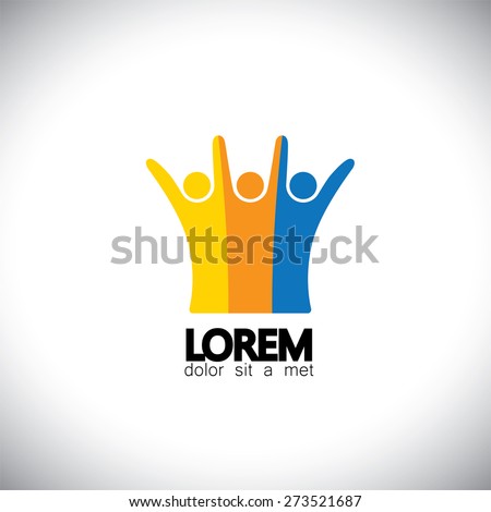 concept vector icon of happy friends together. This vector graphic also represents excited kids, motivated staff, inspired office people, happy children playing, friends partying frenzy