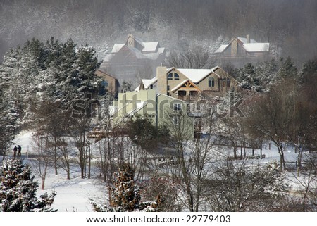 Mountain Chalets by a Ski Resort in Winter in the Mist
