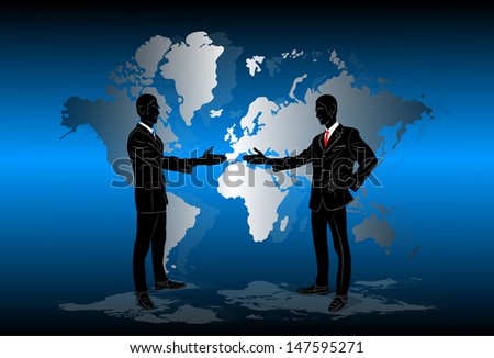 silhouettes of business people on a background map of the earth, deal