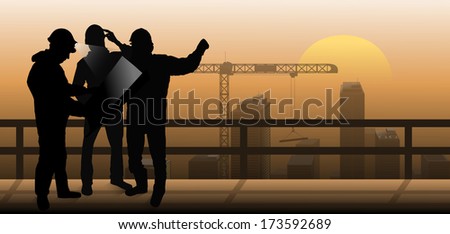 builders is discussed against the background of the city, builders silhouettes, builders discuss