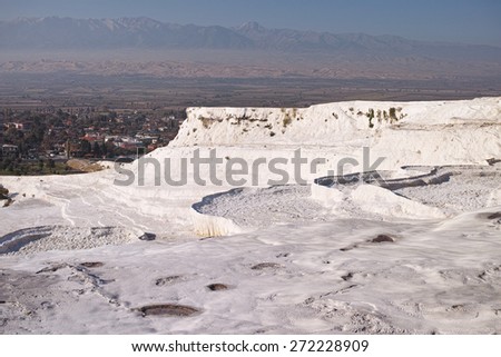 Terraces of Pamukkale, a natural mineral spring hot water coming out of the mountains. Turkey