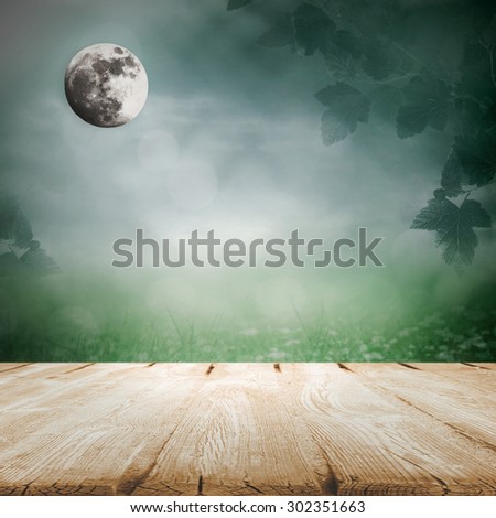 Moonlight in the meadow with wooden blank table