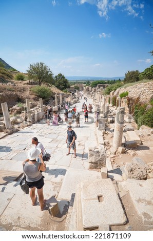 EPHESUS, TURKEY - AUGUST,24. Tourist visiting the ancient city of Ephesus on August 24, 2013 in Ephesus, Turkey.