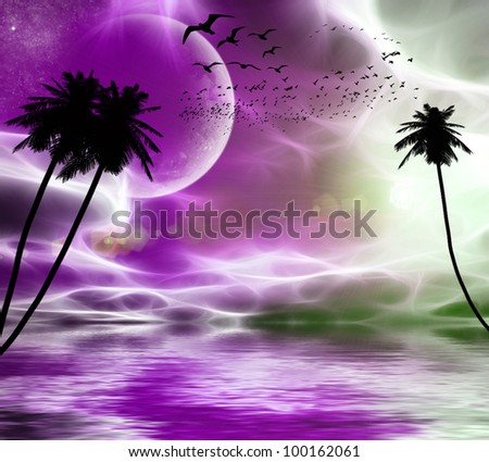 Flying birds in the background of the planet, stars, palm trees at sunset