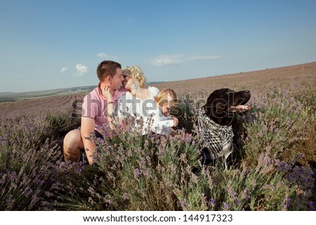 happy family and labrador dog  kiss outdoors in lavender field