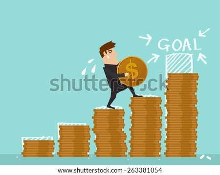 Businessman step on stack of coin in investment progress concept.