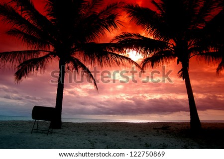 silhouettes of two coconut trees with red sky of sunset on the beach Derawan Island Indonesia