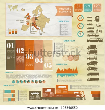 Detail old infographic vector illustration with map of Europe, car icons, infographics and Information Graphics.