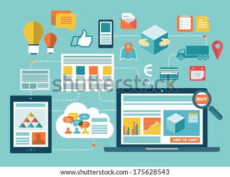 Flat design vector illustration concept of computer and connected mobile devices with links of transmission information and cloud computing service on stylish background. The online buying process