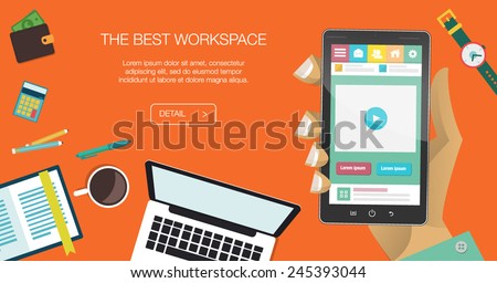 Flat Style Modern Design Concept of Creative Office Workspace. Icons Collection of Business Work Flow Items and Elements, Office Things, Objects and Equipment for Workplace Design. Vector Illustration