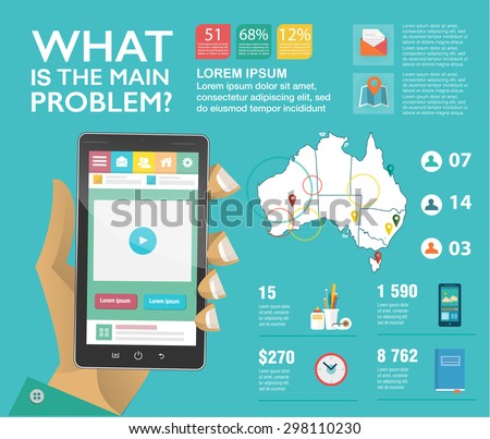 Set infographics in flat style. Concept for mobile apps. Vector illustrations. Use in website, corporate report, presentation, advertising, marketing. Easy to edit map.