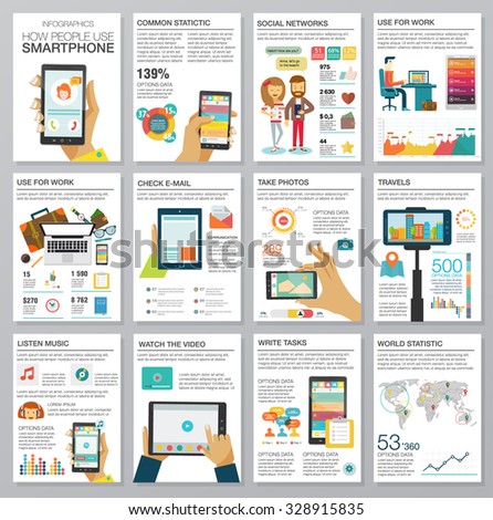 Social Media Infographic set with charts, icons, map, diagrams, other elements. People use smartphone, social networks, camera, looking news, video and picture. Vector illustration, flat modern style.