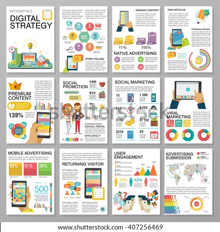 Big infographics in flat style. Vector illustrations about digital projects, management, clients brief, design and communication. Use in website, corporate report, presentation, advertising, marketing