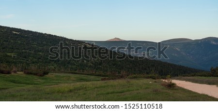 Krkonose mountains scenery with highest Snezka hill from hiking trail between Pramen Labe and Ceska budka in Czech republic during summer evening with clear sky Zdjęcia stock © 