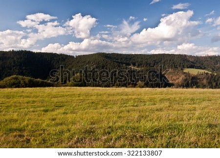 autumn mountain meadow with nice mountain panorama above Oravsky Biely Potok village in Slovakia