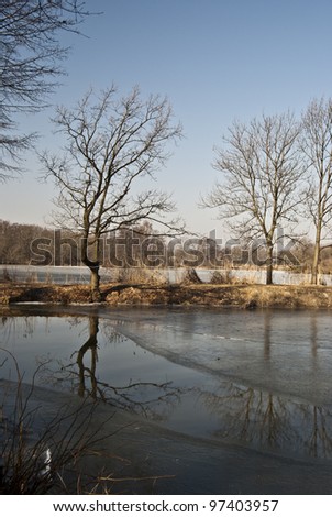 frozen pond with trees reflected in water near Jistebnik city in CHKO Poodri