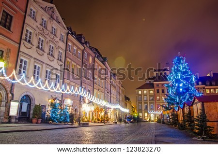 The streets of the old city during the holidays. Warsaw Poland