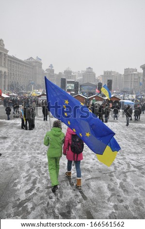 KYIV, UKRAINE - DECEMBER 9: Ukrainian people demand the resignation of the government and early voting on the Maidan Nezalezhnosti on December 9, 2013 in Kyiv, Ukraine