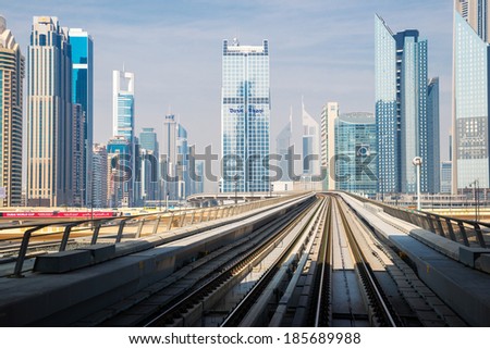 DUBAI, UAE -  5 MARCH, 2014: Dubai Metro as world's longest fully automated metro network (75 km). March  5, 2014 Dubai, UAE.