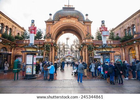 COPENHAGEN, DENMARK - 30 DECEMBER, 2014: Tivoli Gardens is a famous amusement park and pleasure garden in Copenhagen, Denmark. The park opened on 15 August 1843. December 30, 2014 Copenhagen, Denmark.