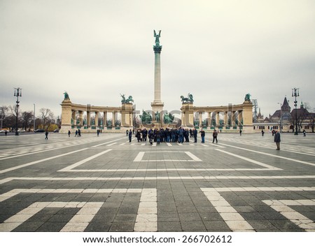 BUDAPEST, HUNGARY - MARCH 13, 2015: Heroes\' Square is one of the major squares in Budapest, Hungary. March 13, 2015. Budapest, Hungary