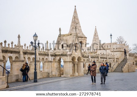BUDAPEST, HUNGARY - MARCH 12, 2015: The Fisherman\'s Bastion is a terrace in neo-Gothic and neo-Romanesque style on the Castle hill in Budapest. March 12, 2015. Budapest, Hungary